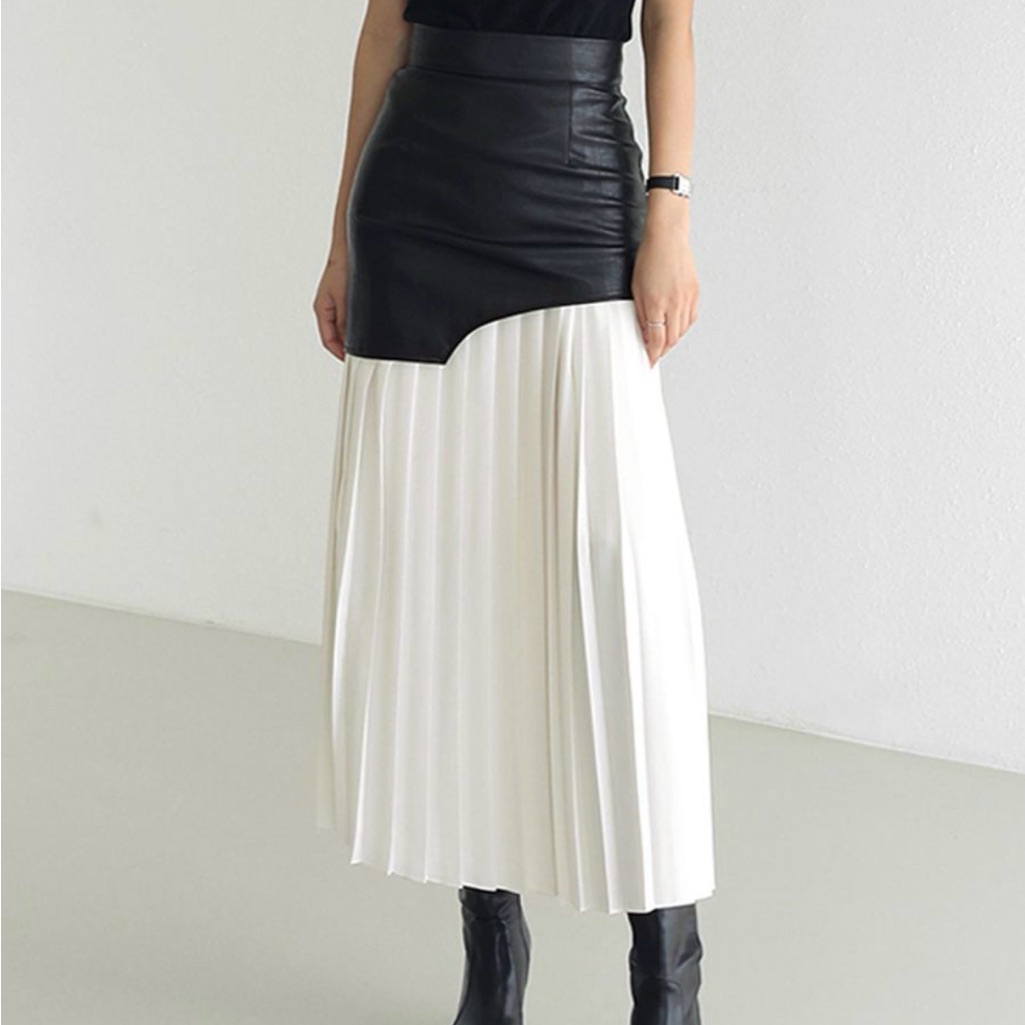 Commense Black And White Pleated Contrast Maxi Skirt